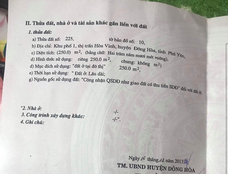 Cần bán lô đất 250m2 tại khu phố 1, Thị trấn Hòa Vinh, Đông Hòa