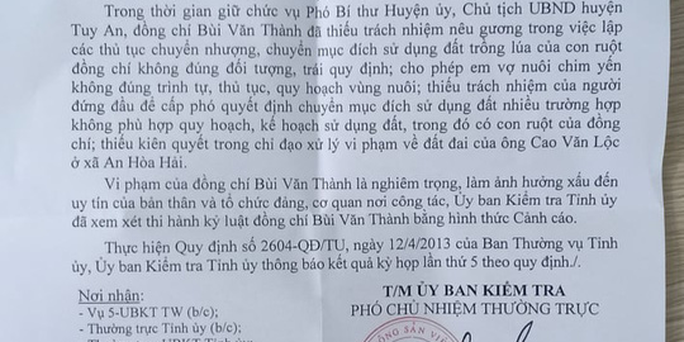 Phú Yên: Cảnh cáo Chủ tịch huyện vì liên quan đất đai - Ảnh 1.